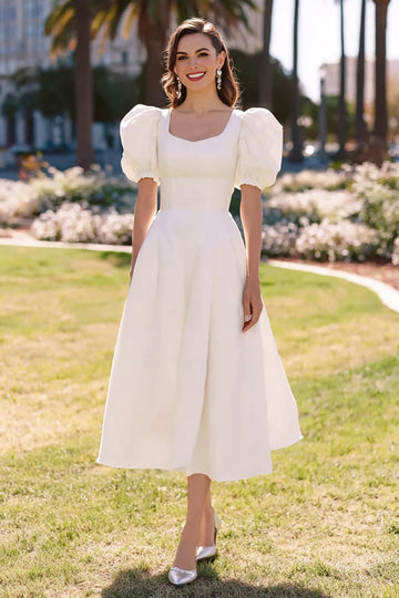 Vit A Line Satin Midi Förlovningsklänning med puffärmar